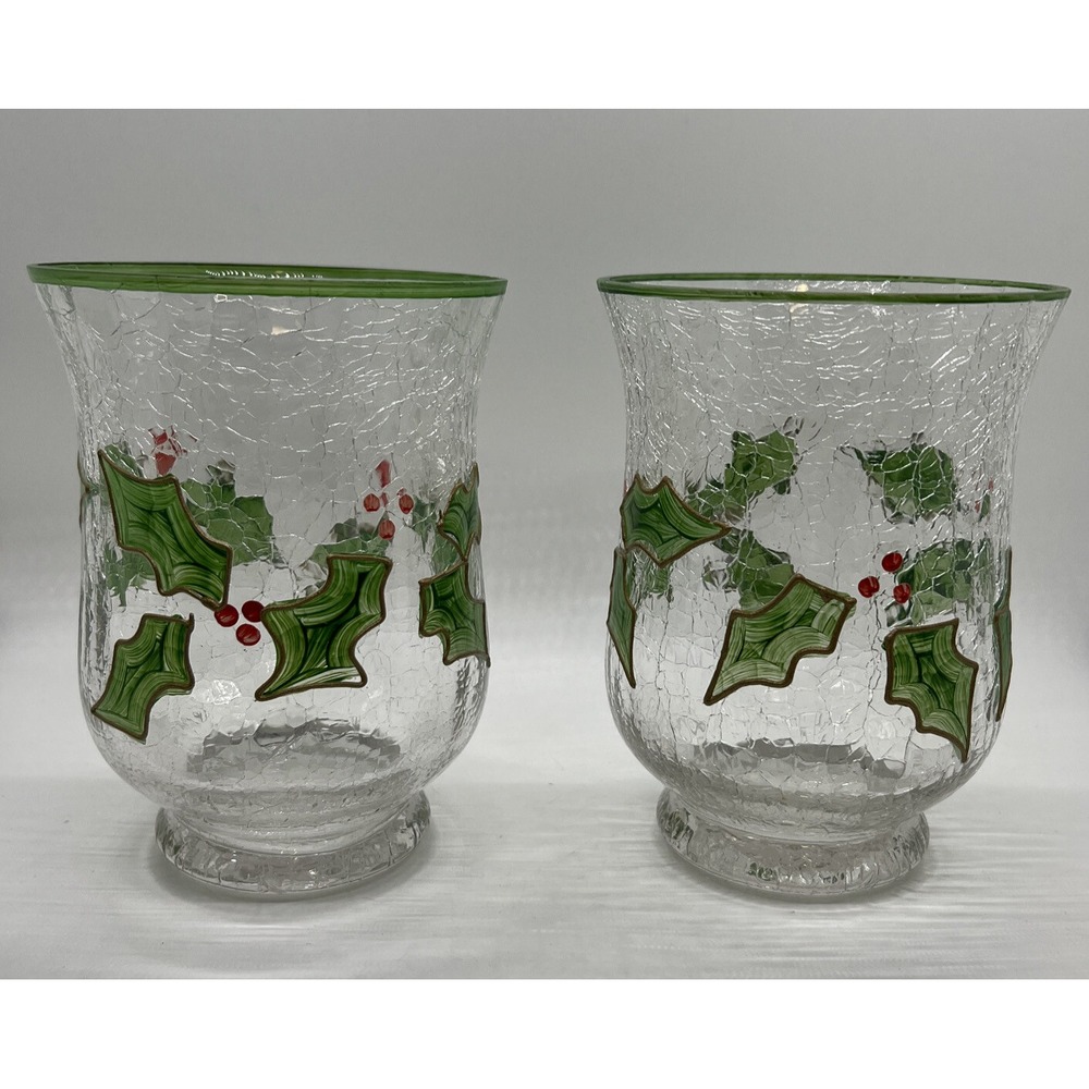 Hand Painted Holly And Berries Crackle Glass Hurricane Candle Holders (2)